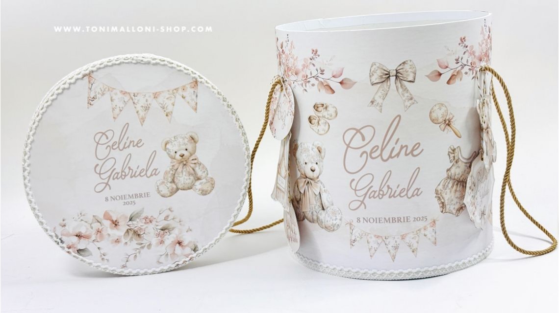 Trusou botez Nude Teddy Bear Toile de Jouy bej crem cu accente light pink și pattern floral vintage 38